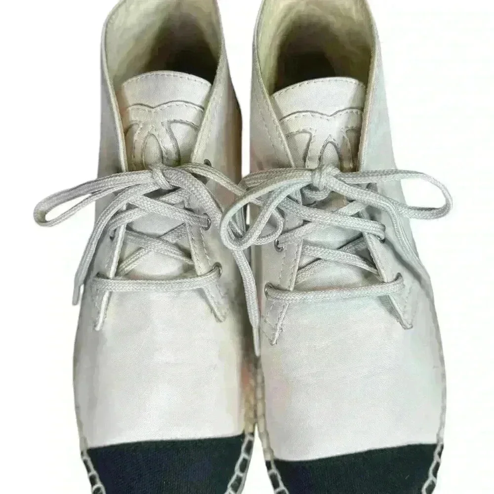 Chanel Beige/Black Lambskin Leather High Top Espadrilles Shoes.